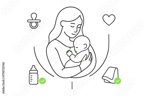 Mother embracing sleeping infant surrounded by essential baby care and parental protection symbols