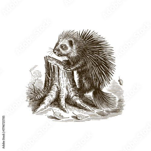 Vintage engraving woodcut porcupine vector illustration art design