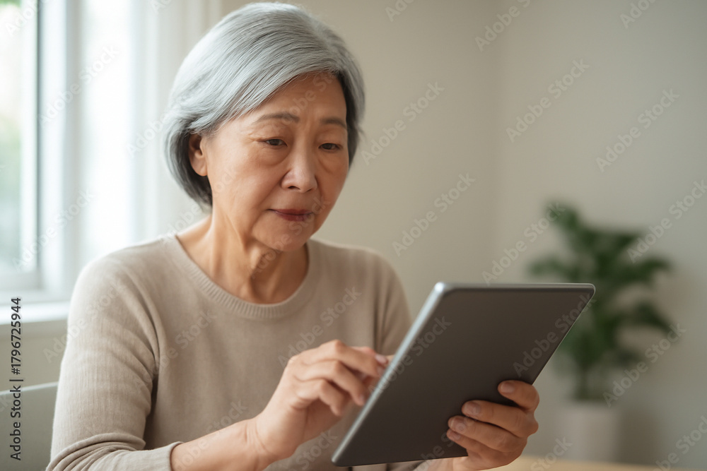 Fototapeta premium AI generated elderly Asian woman reading health suggestions on a tablet in a bright, natural light-filled room. The woman is focused on the screen with a calm expression