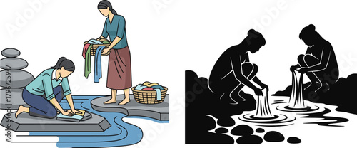 Two rural women washing clothes by river, traditional lifestyle, daily laundry work, countryside life, cultural heritage, teamwork and simplicity illustration