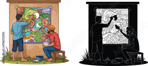Two young artists painting colorful wall mural together outdoors, creative teamwork, artistic collaboration, vibrant street art design concept illustration scene