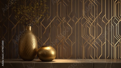 Elegant art deco style interior design with golden vases and textured wall background, luxurious home decor concept