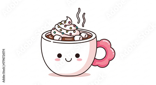 Cute kawaii hot chocolate with marshmallows and whipped cream vector illustration design art drawing image