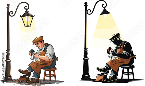 Vintage shoeshiner polishing shoes under street lamp, traditional craftsmanship, night work scene, urban street life, classic retro illustration art