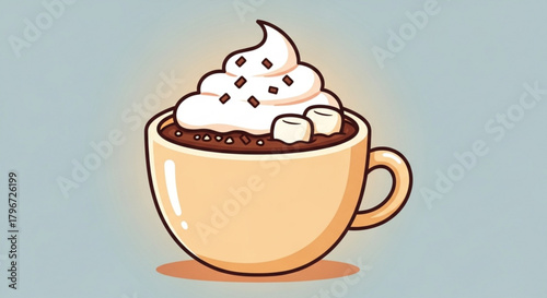 Delicious hot chocolate with whipped cream and marshmallows vector illustration image design art