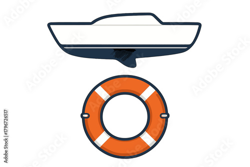 Motorboat hull profile and orange lifebuoy graphic set against a clean white background