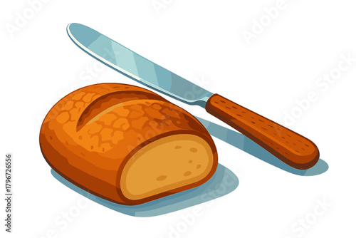 Sliced artisan bread loaf resting beside a silver knife with a wooden handle