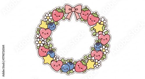 Cute kawaii wreath frame with strawberries blueberries hearts stars and flowers vector illustration design