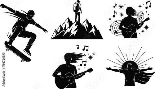 "Silhouette set of skateboarder, mountain hiker, guitar players and music themes, dynamic vector illustrations for adventure, creativity, freedom, lifestyle art"