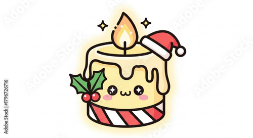Cute christmas candle kawaii holiday season festive decoration santa hat holly drawing clip art vector
