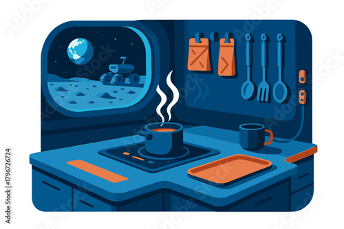 Cozy kitchen interior inside a futuristic lunar base with a view of the Earth and a rover on the Moon surface