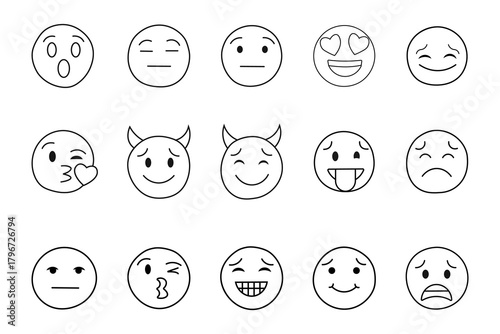 Set of Hand-Drawn Line Art Emoticons Expressing Different Moods