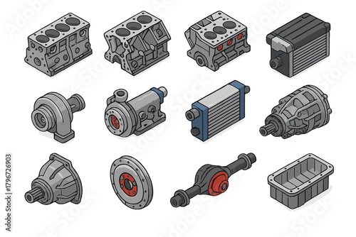 Isometric set of automotive engine blocks, turbocharger, transmission, and differential parts