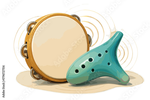 Traditional wooden tambourine and teal ceramic ocarina wind instrument isolated on white background