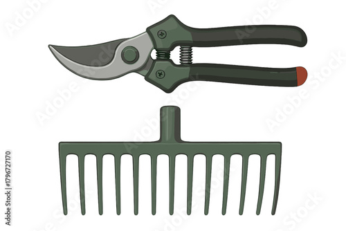 Essential gardening tools: pruning shears and hand rake head isolated on white