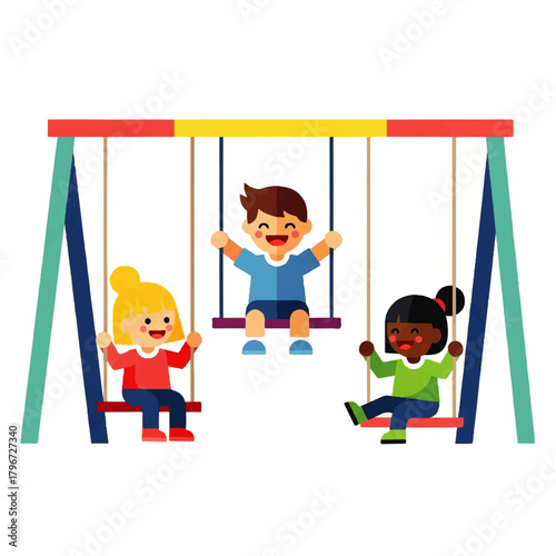 Joyful children on a colorful playground swing set enjoying outdoor fun together.