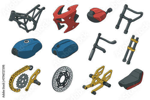 Essential motorcycle components set including frame, fuel tank, handlebars, and brake disc