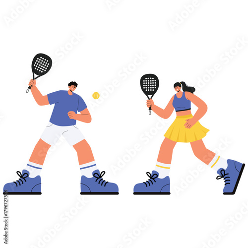 Padel Club Illustration. Vector illustration of Man and woman play padel facing each other, ready to return the ball during an active rally on court. Isolated on background
