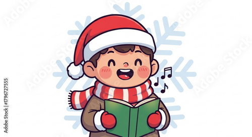 Cartoon christmas carol singer boy with santa hat and scarf singing christmas songs holiday season winter 100