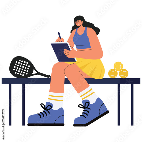 Padel Club Illustration. Vector illustration of Female padel player sits on a bench and writes tactics while resting with balls and racket nearby. Isolated on background