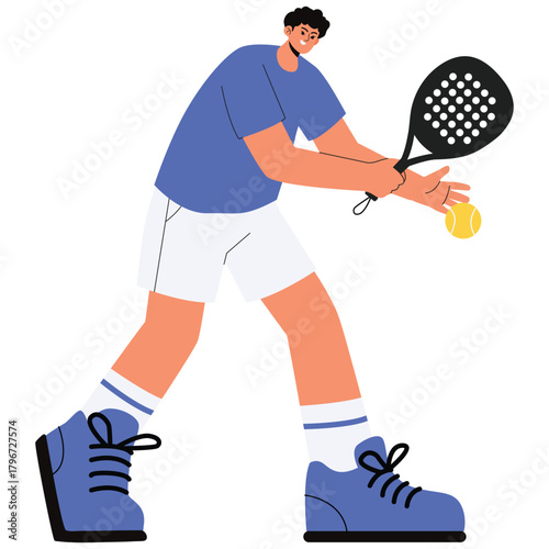 Padel Club Illustration. Vector illustration of Male padel player prepares a controlled serve, eyes on the ball and racket ready for contact. Isolated on background