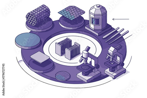 Advanced scientific research setup featuring microscopes, carbon nanotubes, and graphene samples