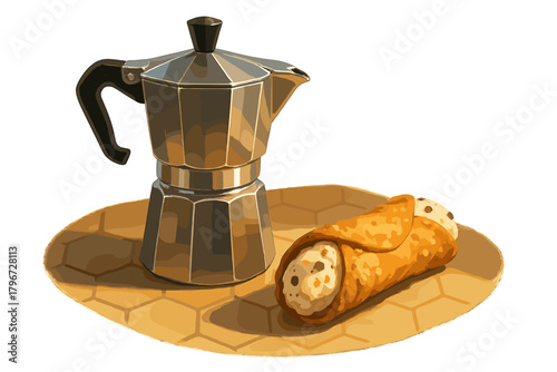 Traditional Italian Moka pot coffee maker and Sicilian cannoli pastry dessert