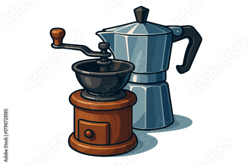 Vintage manual coffee grinder and classic metal moka pot for brewing espresso