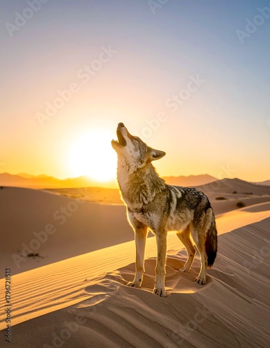 Fototapeta Naklejka Na Ścianę i Meble -  Coyote howling at sunrise on a desert sand dune
