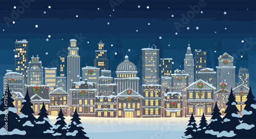 Christmas-themed city skyline with glowing decorations and snow falling, flat vector style