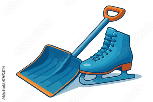 Colorful winter gear including a blue ice skate and an orange handled snow shovel