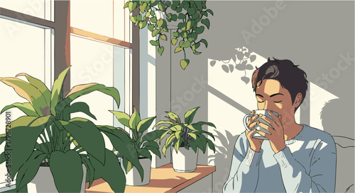 A young man peacefully enjoying his morning coffee or tea by a sunny window, surrounded by lush green houseplants in a cozy room illustration