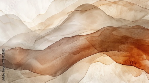 An abstract watercolor landscape featuring rolling hills and layers in earthy brown, warm beige, and terracotta tones. A warm, natural, and serene background for travel or nature-themed designs.