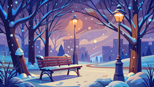 A peaceful winter scene featuring a wooden bench blanketed in fresh snow, illuminated by a warm lamplight, surrounded by silent trees and gentle snowfall in a calm urban park