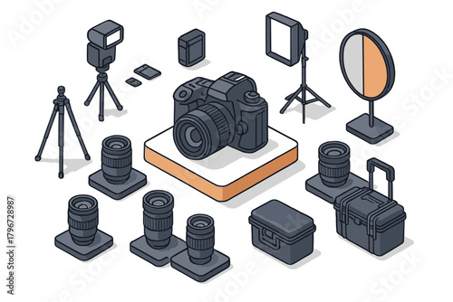 Professional studio photography equipment collection including camera, lenses, tripods, and lighting gear