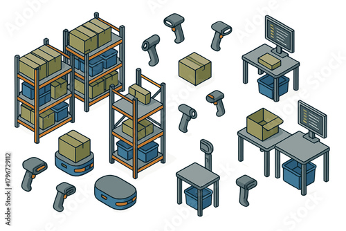 Isometric warehouse equipment set with shelving, scanners, packing stations, and autonomous robots