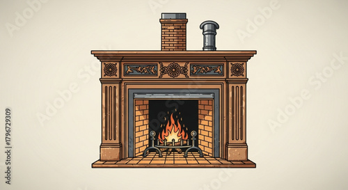 Cozy fireplace illustration with burning logs and brick chimney for home interior design ideas and winter warmth