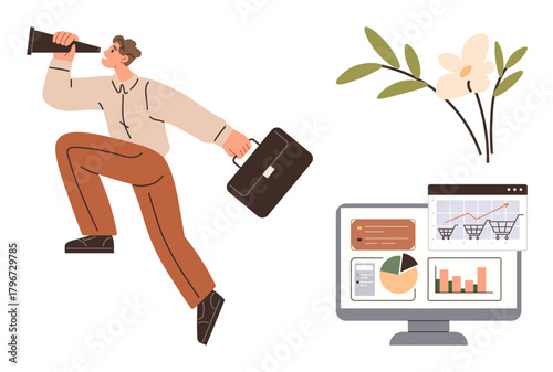 Person with briefcase and telescope beside computer screen with charts, plants. Ideal for business growth, planning, vision, strategy, leadership, entrepreneurship career ambition. Simple flat
