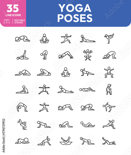 Collection of 35 Yoga Poses Line Icons Editable Stroke Fitness and Wellness