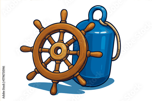 Traditional wooden ship wheel and blue cylindrical marine fender nautical equipment