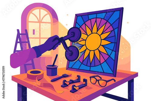 Craftsman installing a colorful stained glass sun panel using specialized suction cup tools