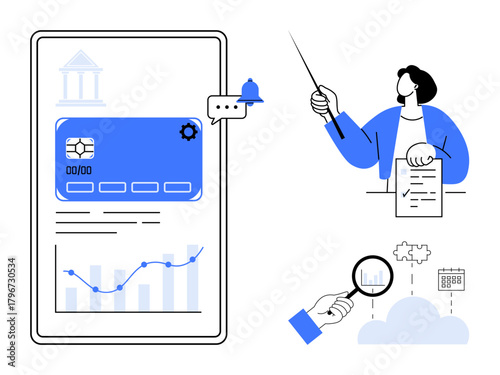 Financial dashboard includes graphs, cloud integration, credit card data, analysis gear icon, magnifying glass, analyst explaining trends. Ideal for banking, fintech, data analysis research finance