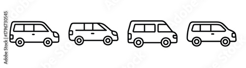 Four different styles of minivan icons simple outline drawing line art representation