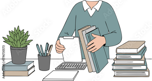 Busy Office Illustration Woman with Paperwork and Books