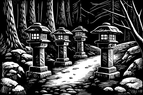 Stone lanterns covered in snow light a narrow path through a quiet forest, creating a spiritual and atmospheric winter journey