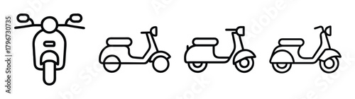 Simple line icons of scooters and mopeds showcasing different views and styles