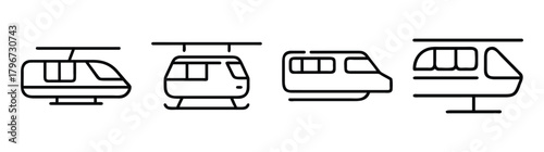 Collection of line art icons featuring monorail trains and cable cars