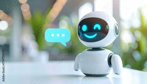 Friendly robot with glowing blue face and speech bubble icon, modern technology concept with natural light and blurred background