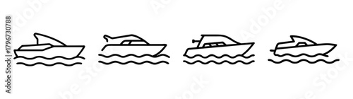 Four outline motorboats riding on wavy water surface collection icons