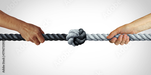 Conflict Escalation Concept as a Tug Of War Conflict with two people pulling black and white  Rope stretched with force as a symbol of increased contraint as a tight knot.